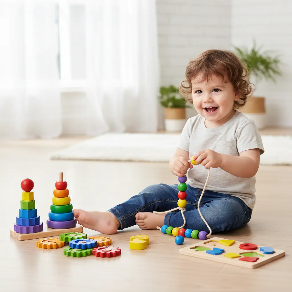 Kind spielt glücklich mit Lernspielzeug