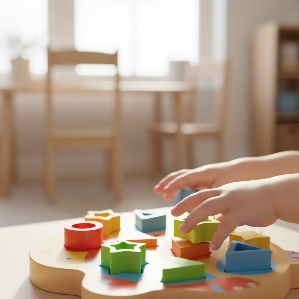 Kind greift nach buntem Lernspielzeug